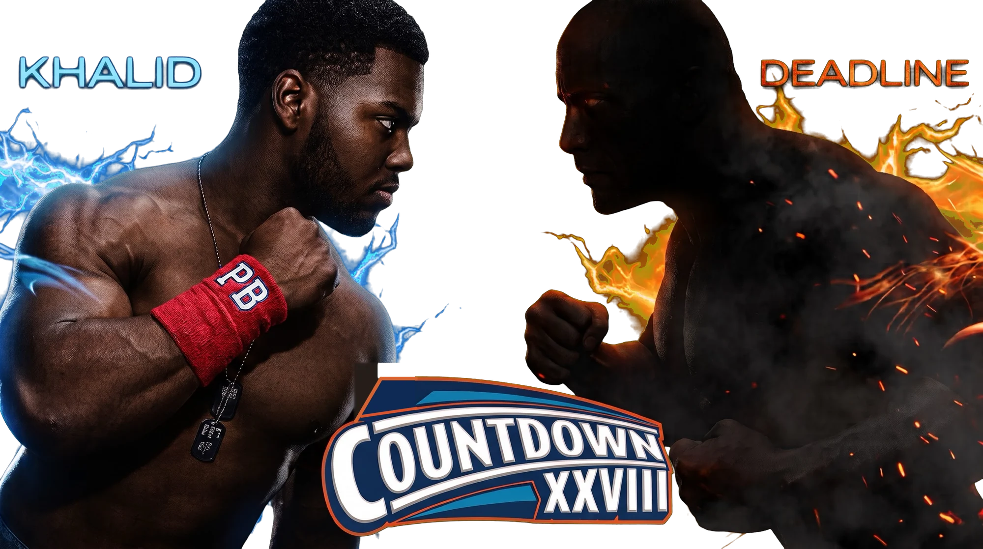 Khalid, fists up in blue lightning, faces The Deadline, a shadowed figure in fire, above the Countdown XXVIII badge.